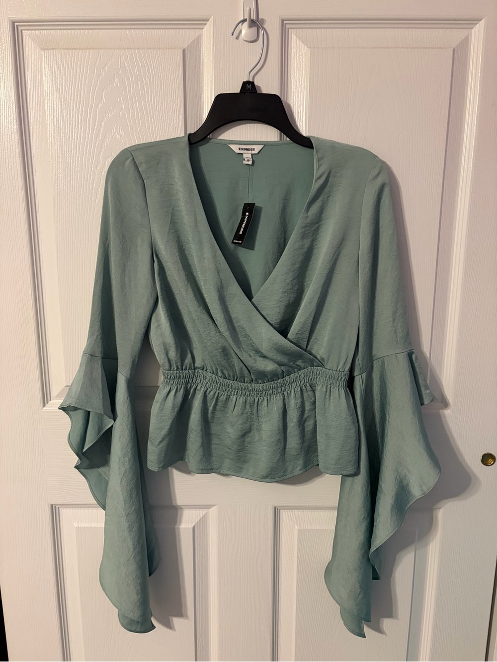 Express Green Peplum Blouse with Ruffled Bell Sleeves